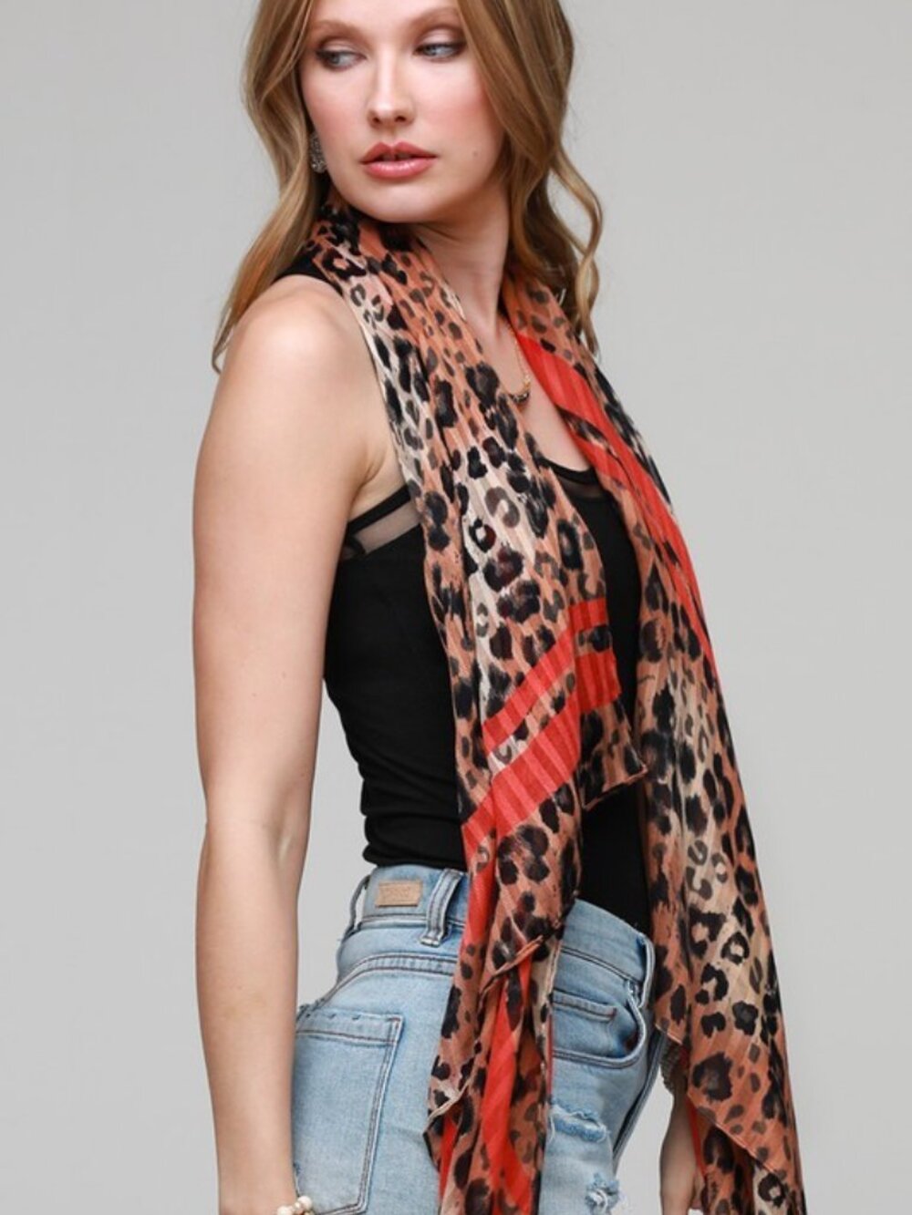 Leopard Print Scarf w/ Red Accent